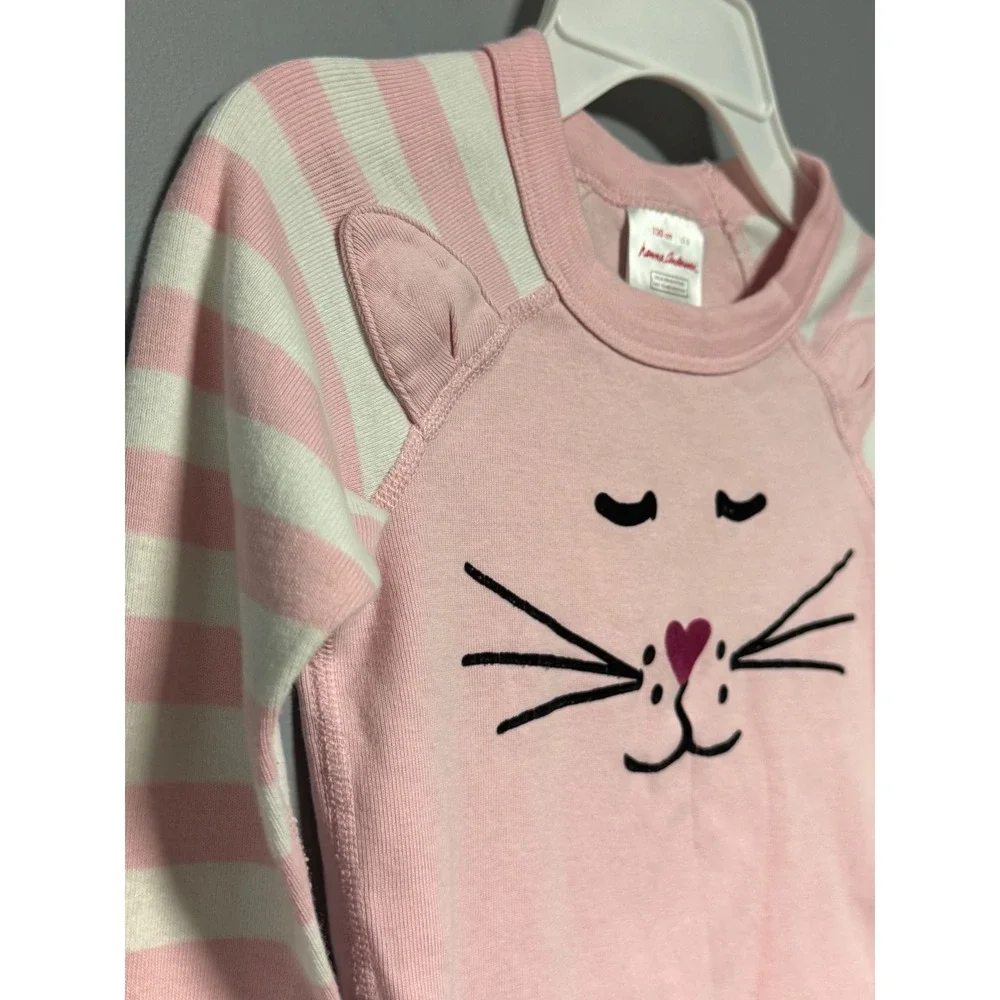 Hanna Andersson Girls Pink Cat Face Pajama Top Organic Cotton Striped Size 8 130